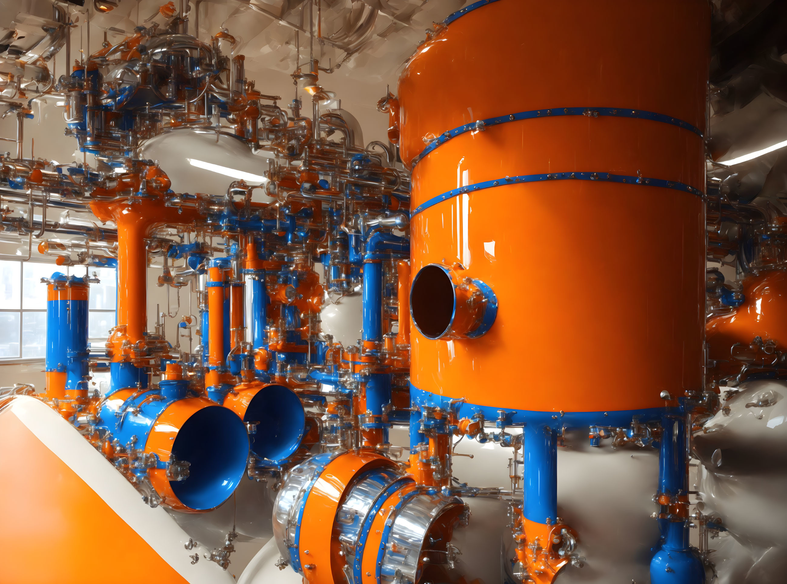 Industrial factory setting with orange and blue pipes and vessels in complex network