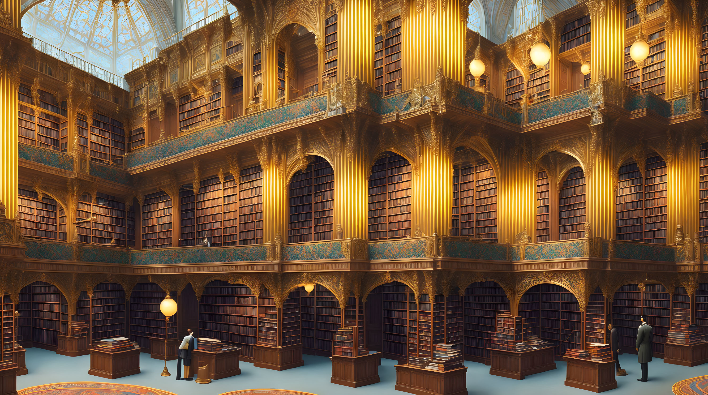 Ornate two-story library with arched bookcases and glass dome