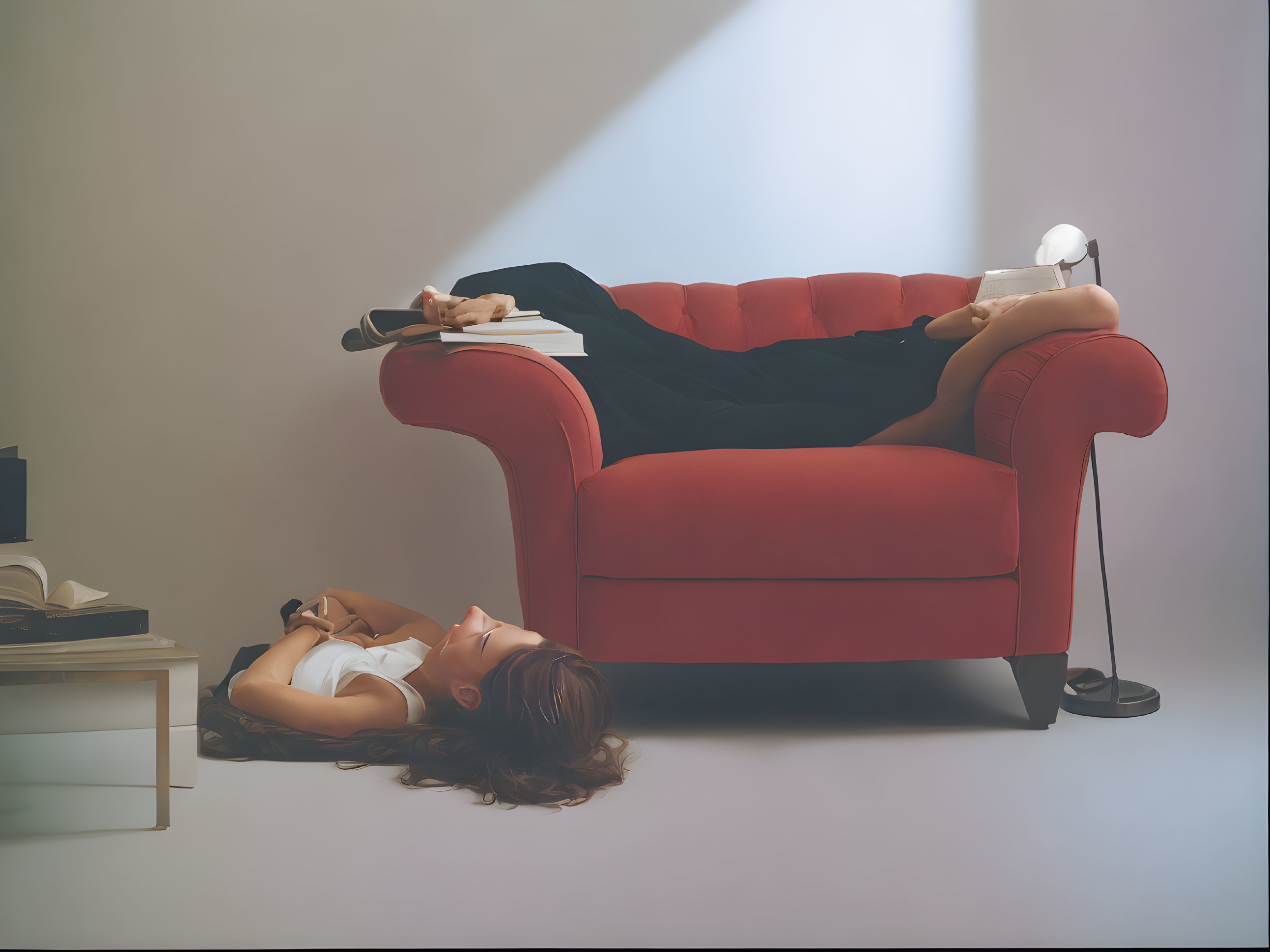 Two people relaxing on red sofa and floor, one with book on face.