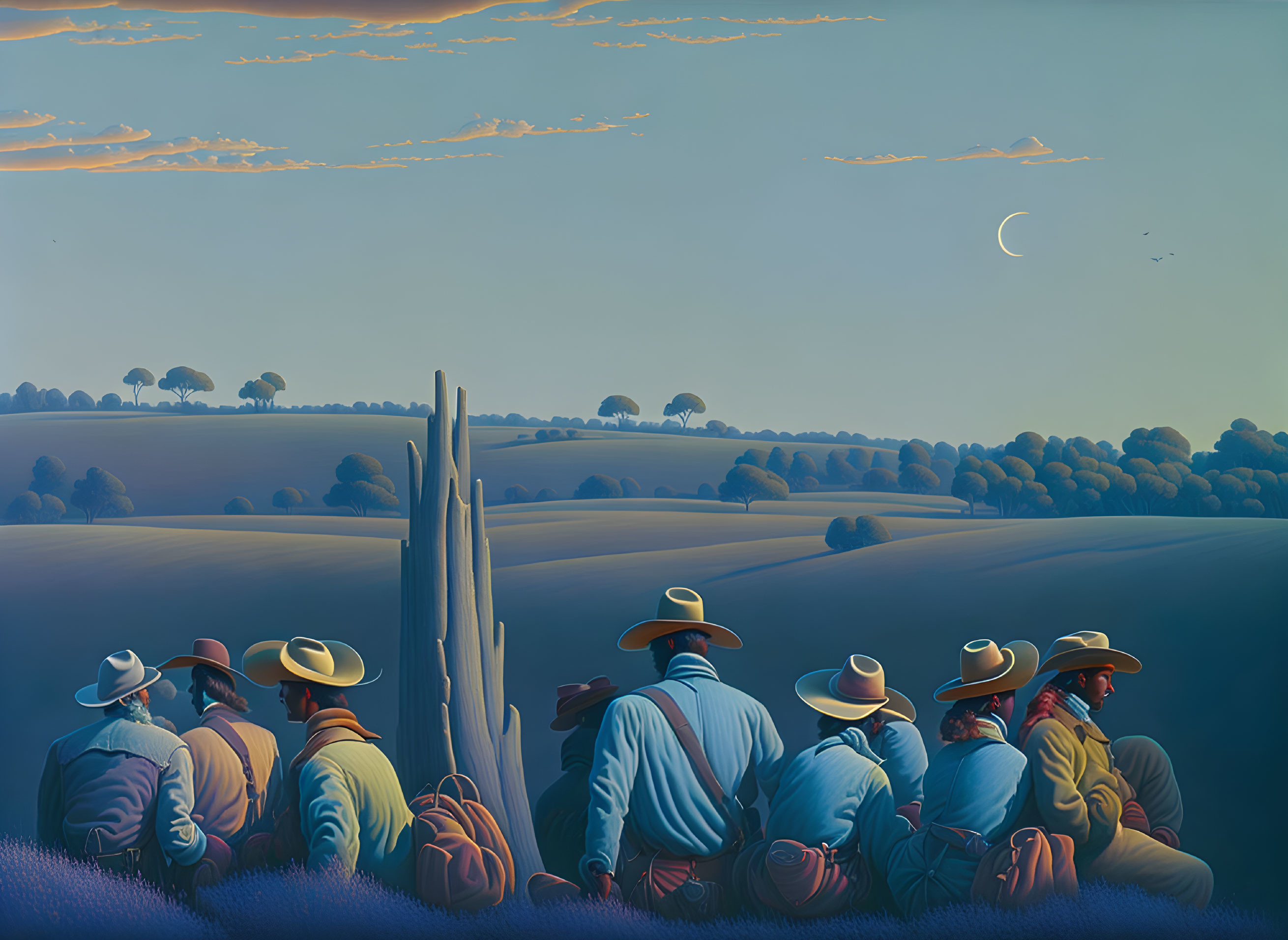 Cowboys in hats on hilltop with crescent moon and serene landscape