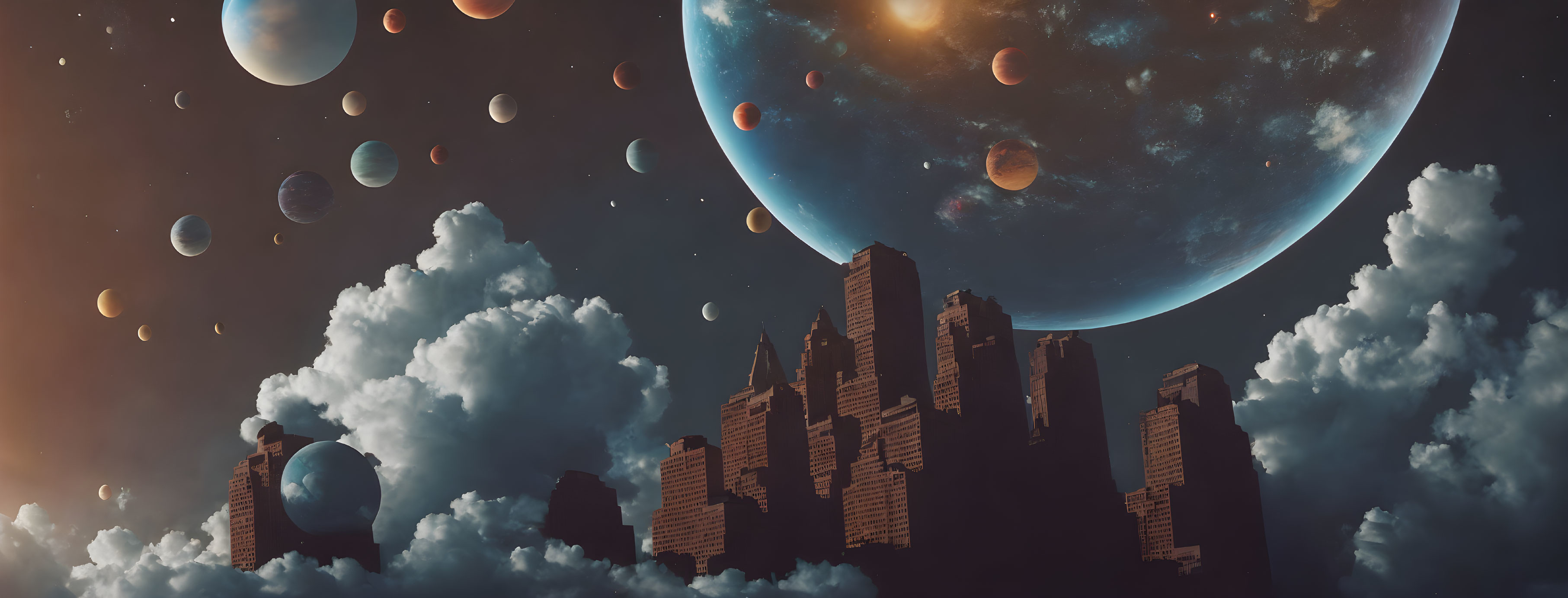 Fantastical cityscape in clouds with multiple moons and planets