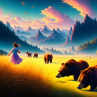 Woman in field watching bears and birds in mountain landscape at sunset