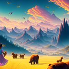 Woman in dress in vibrant meadow with bears and birds, mountains under dawn sky