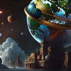 Fantastical cityscape in clouds with multiple moons and planets