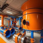 Industrial factory setting with orange and blue pipes and vessels in complex network