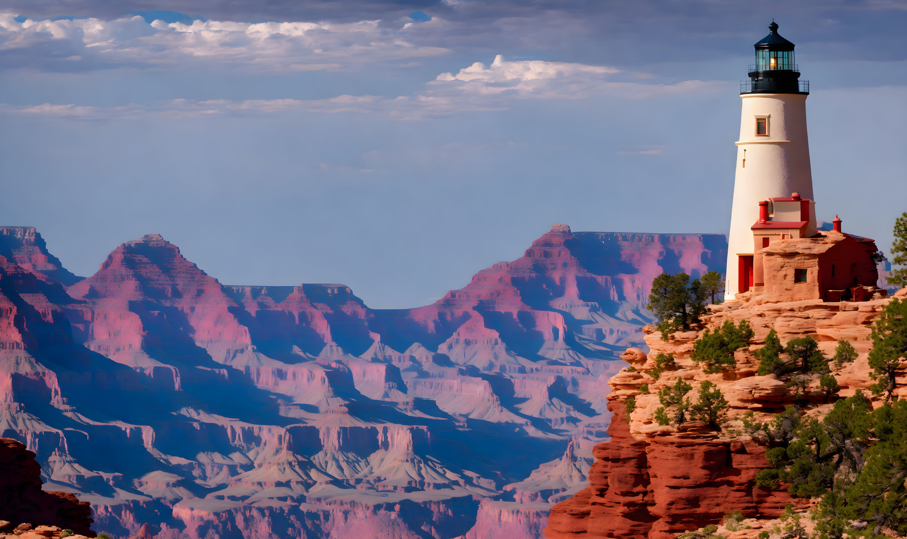 Lighthouse on Cliff with Grand Canyon Rock Formations