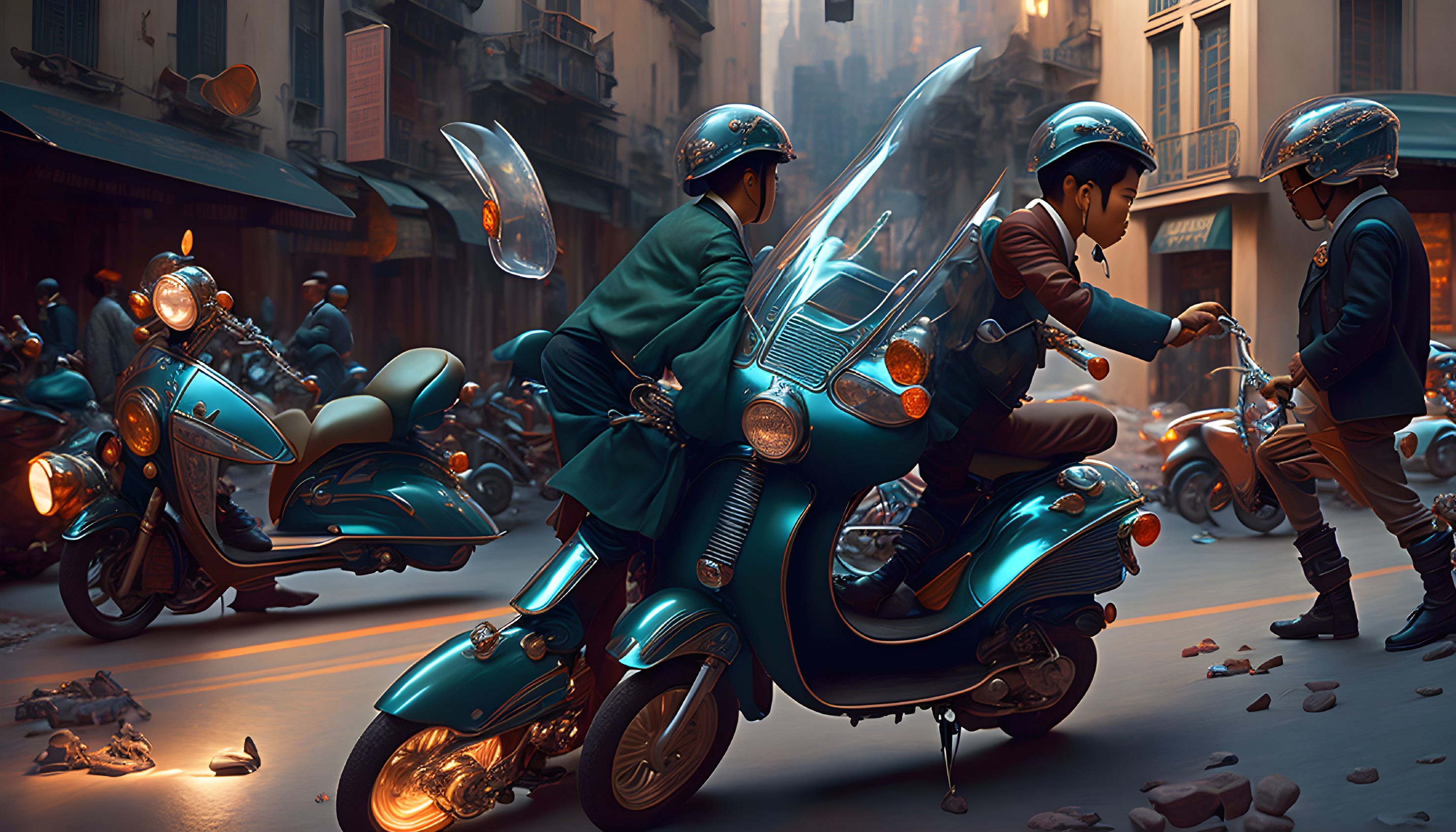 Teal-Uniformed Group Riding Scooters in Dystopian Urban Setting