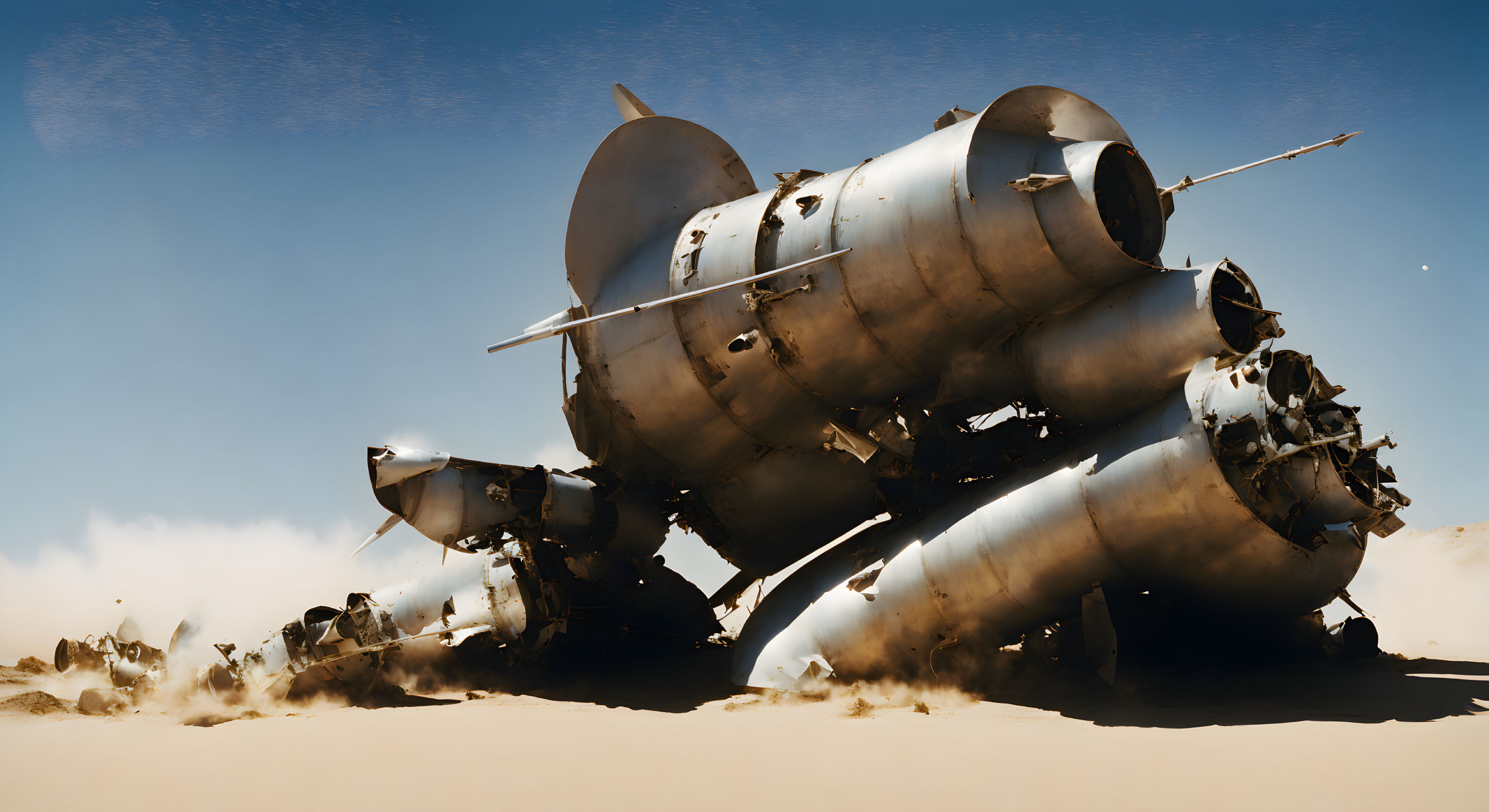 Wrecked airplane in sandy desert under clear blue sky