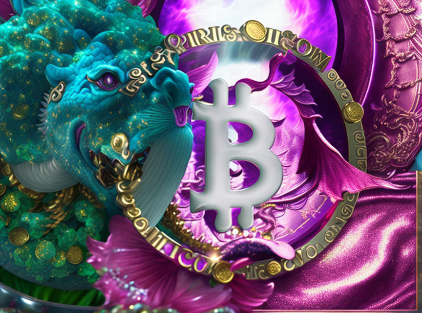 Colorful Artwork Featuring Blue Dragon, Bitcoin Symbol, Coins, and Floral Elements