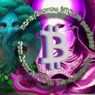 Colorful Artwork Featuring Blue Dragon, Bitcoin Symbol, Coins, and Floral Elements