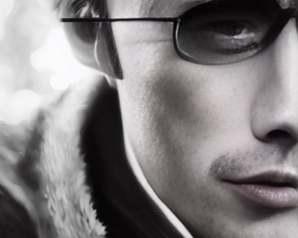 Greyscale portrait of man in sunglasses and fur-collared jacket with artistic signature