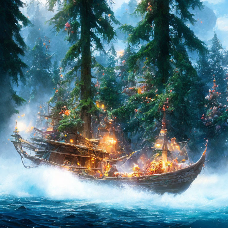 Festive ship with Christmas lights in misty forest landscape