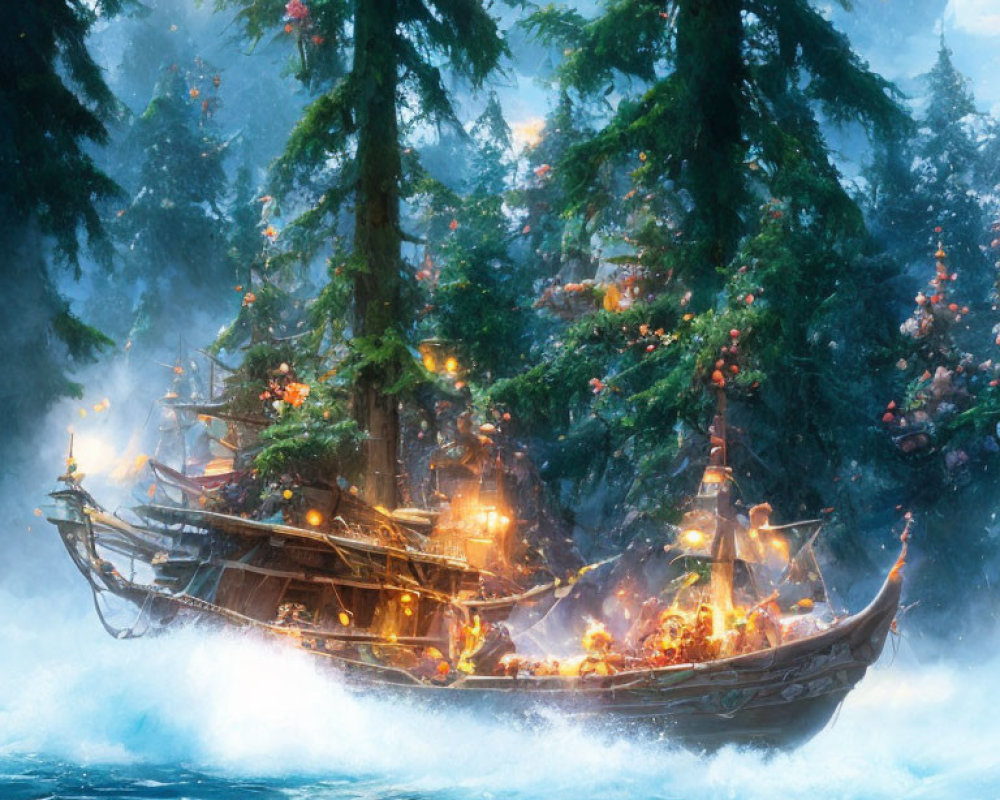 Festive ship with Christmas lights in misty forest landscape