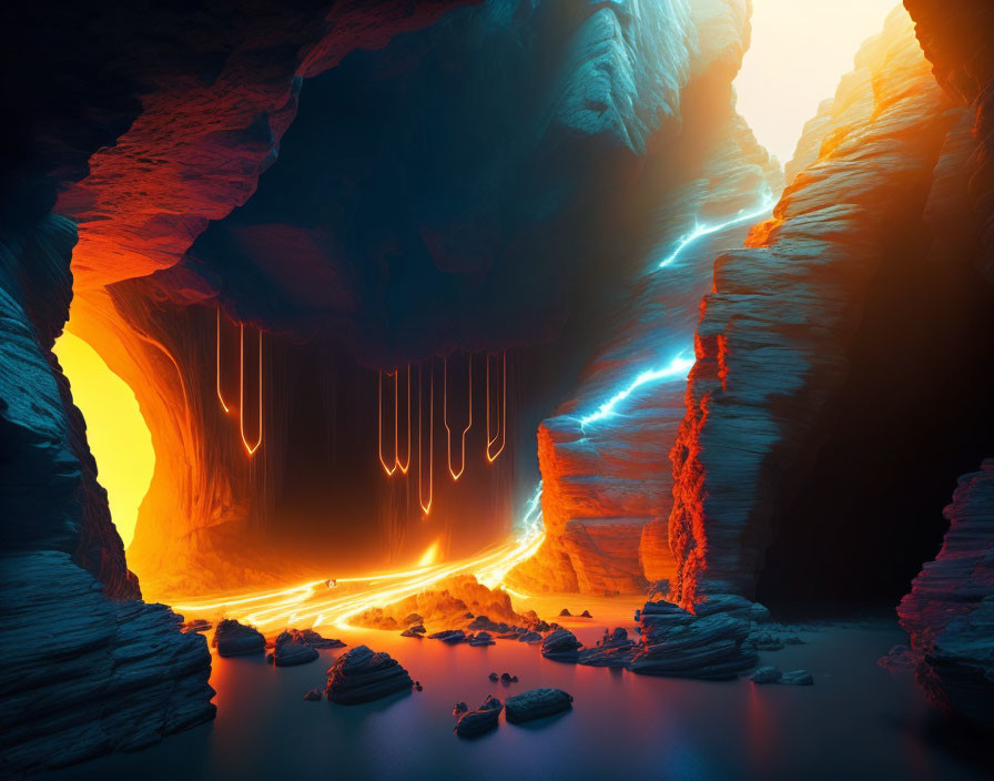 Digital artwork: Fiery lava stream in mystical cave