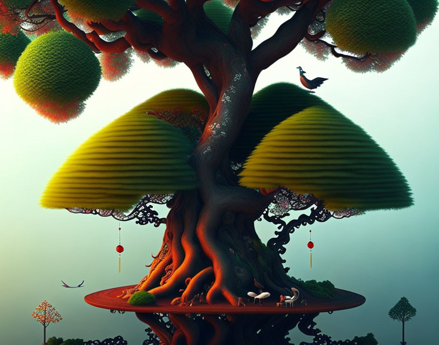 Colorful Tree with Mushroom Platforms and Lanterns: Whimsical Illustration