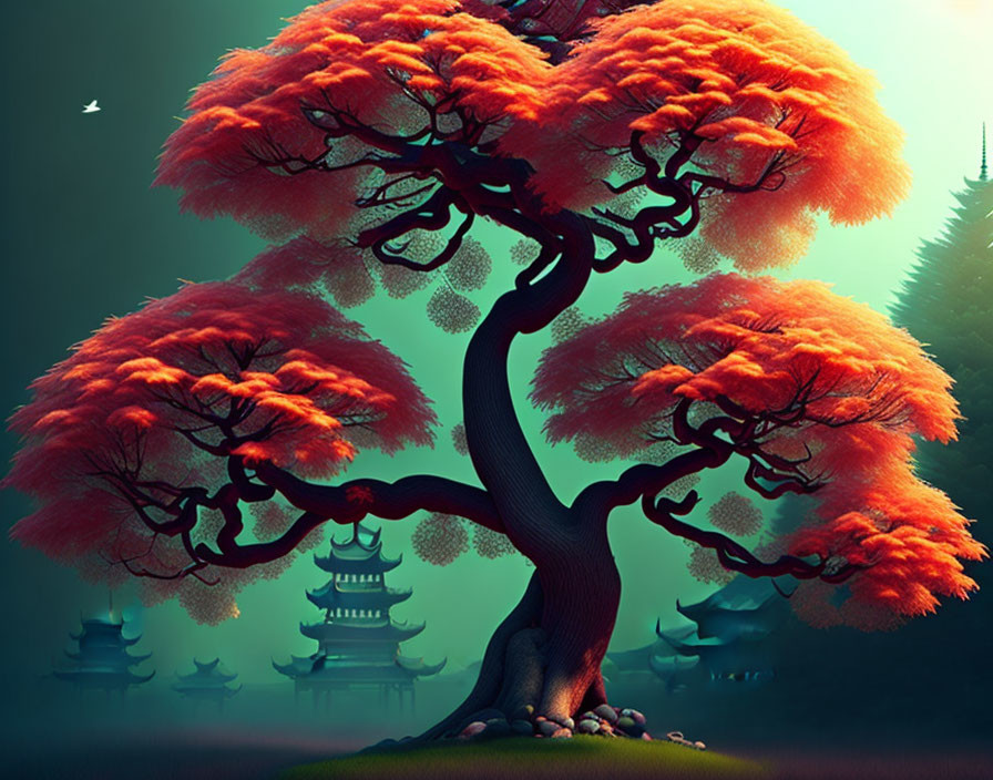 Colorful digital artwork: Oversized tree with red-orange foliage, Asian-style pagodas, teal