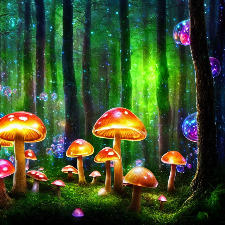 Enchanting forest scene with glowing red-capped mushrooms and luminescent bubbles in green-tint