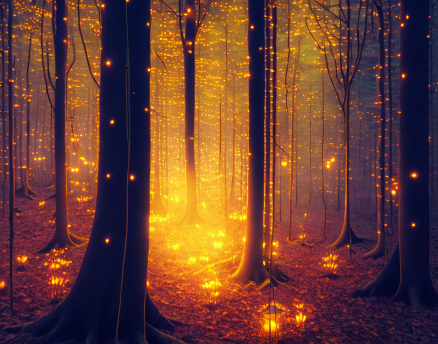 Twilight forest scene with tall trees and glowing fireflies