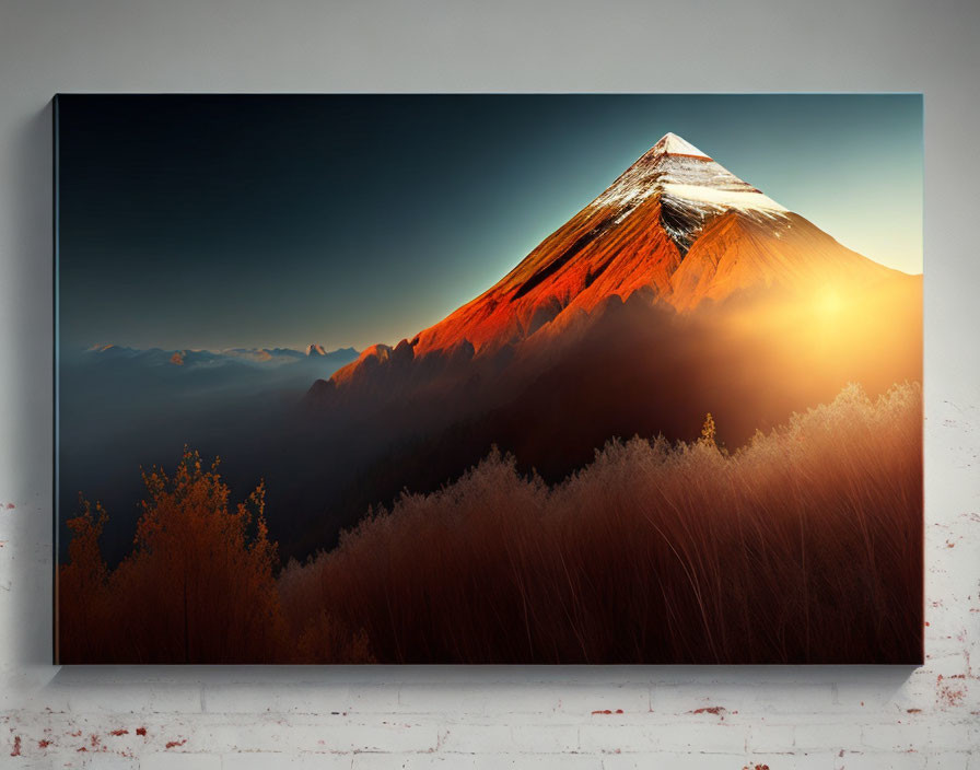 Mountain peak sunrise canvas print with warm sunlight glow.