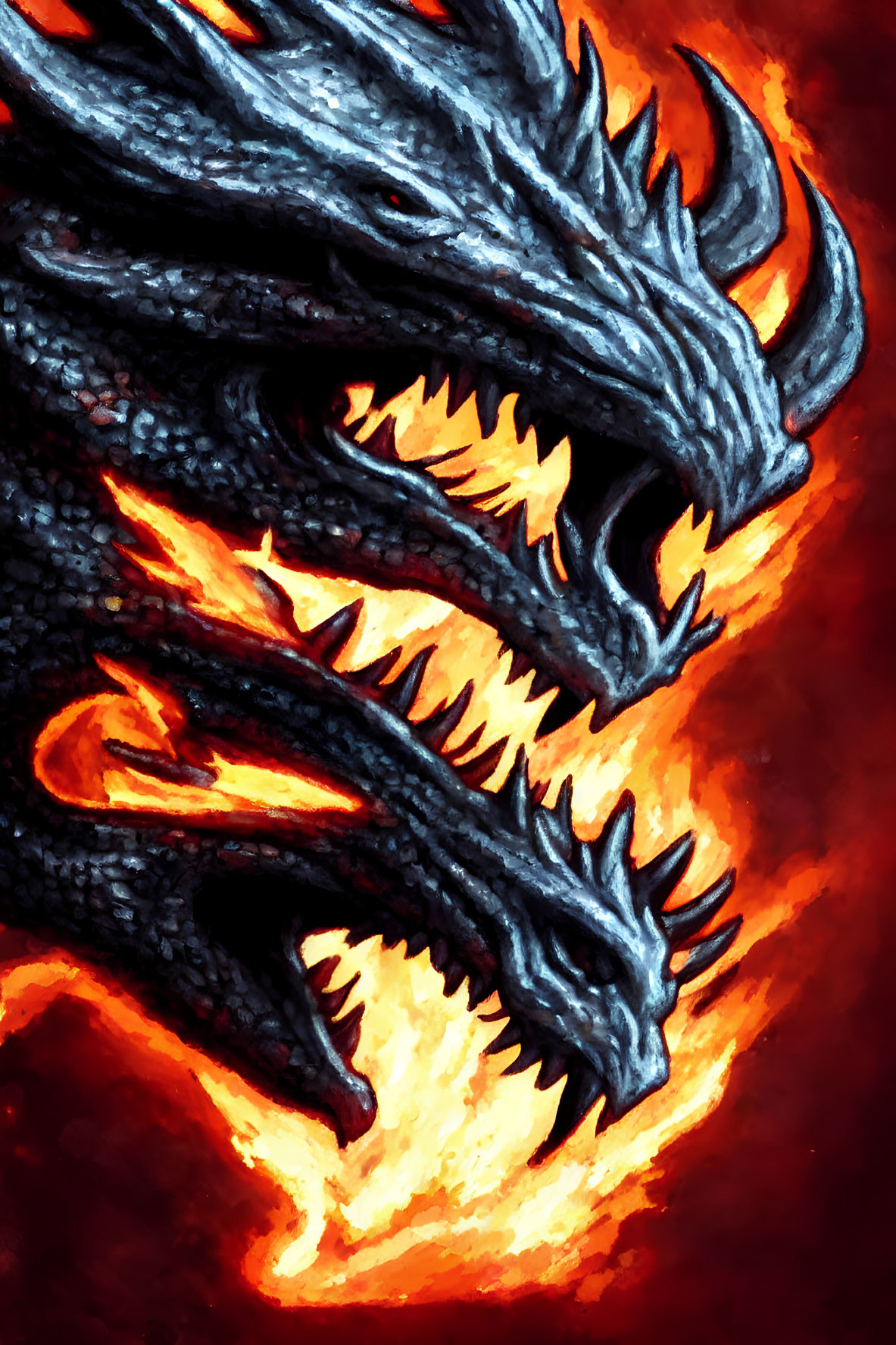 Three fierce black dragons with glowing orange mouths on fiery background