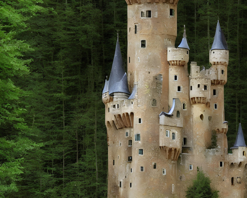 Castle with multiple turrets in dense forest near tranquil waters