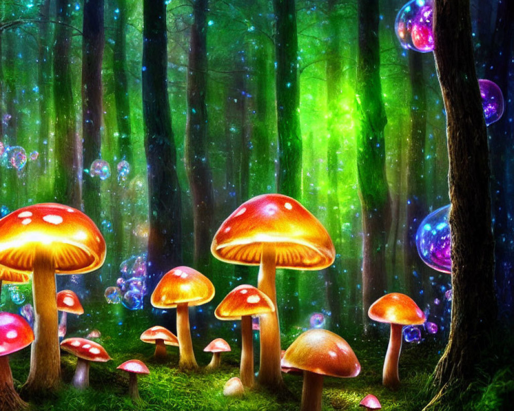 Enchanting forest scene with glowing red-capped mushrooms and luminescent bubbles in green-tint