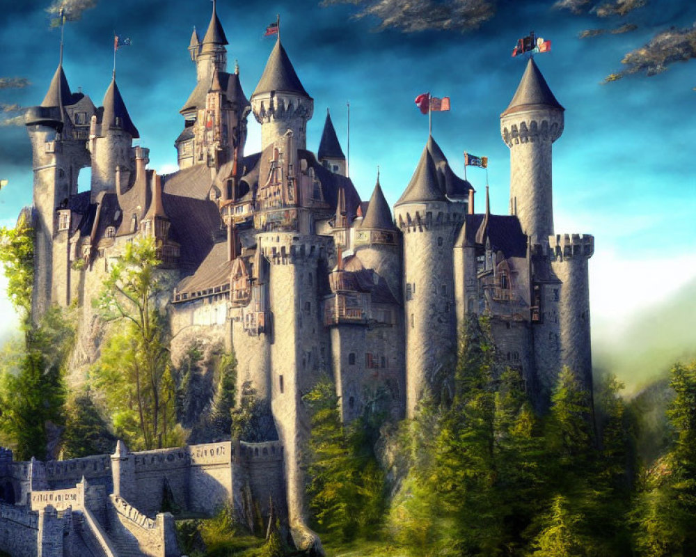 Majestic fairy-tale castle with spires and towers in lush greenery