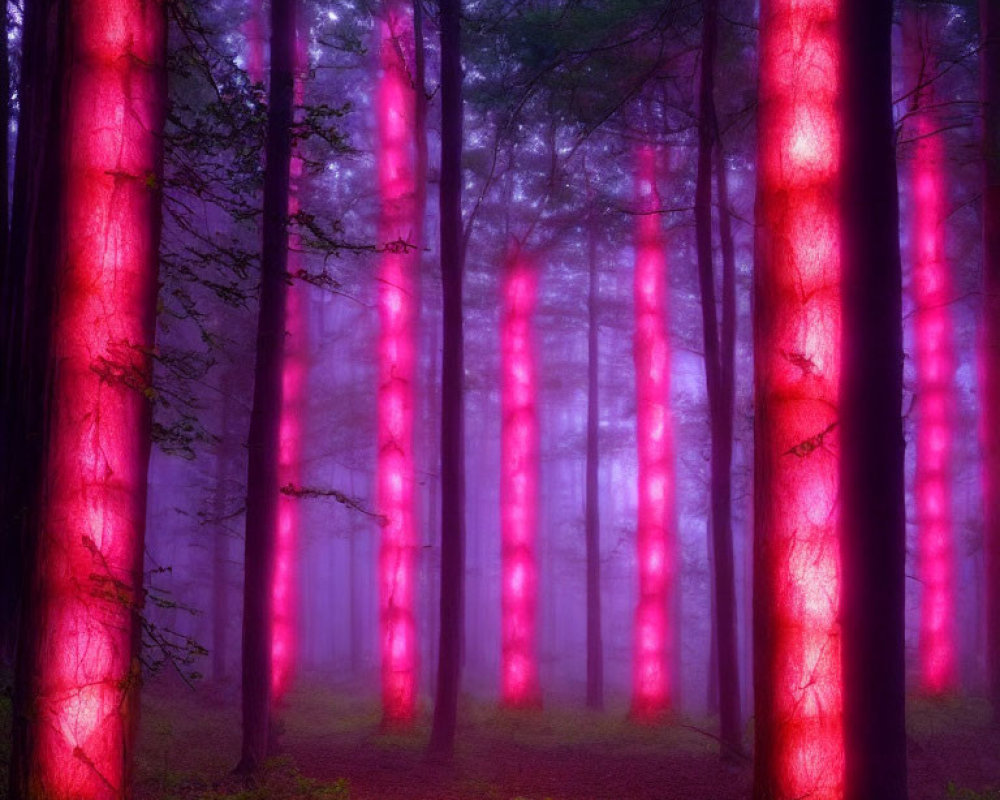 Mystical forest scene with towering trees in pink and purple light