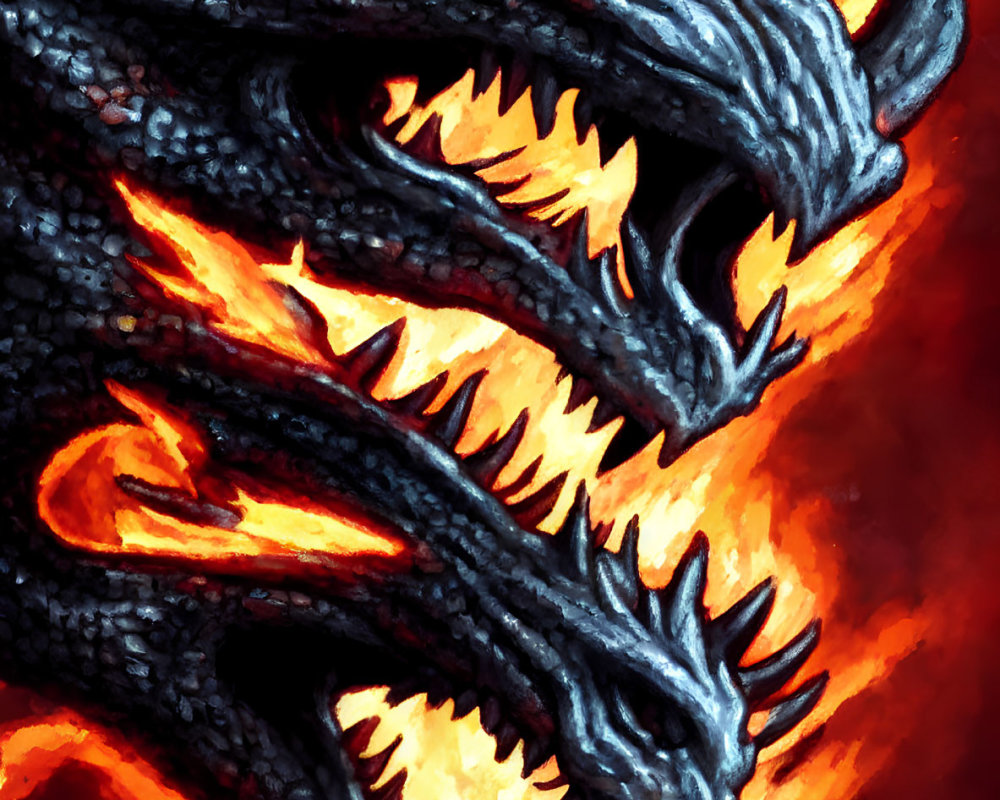 Three fierce black dragons with glowing orange mouths on fiery background