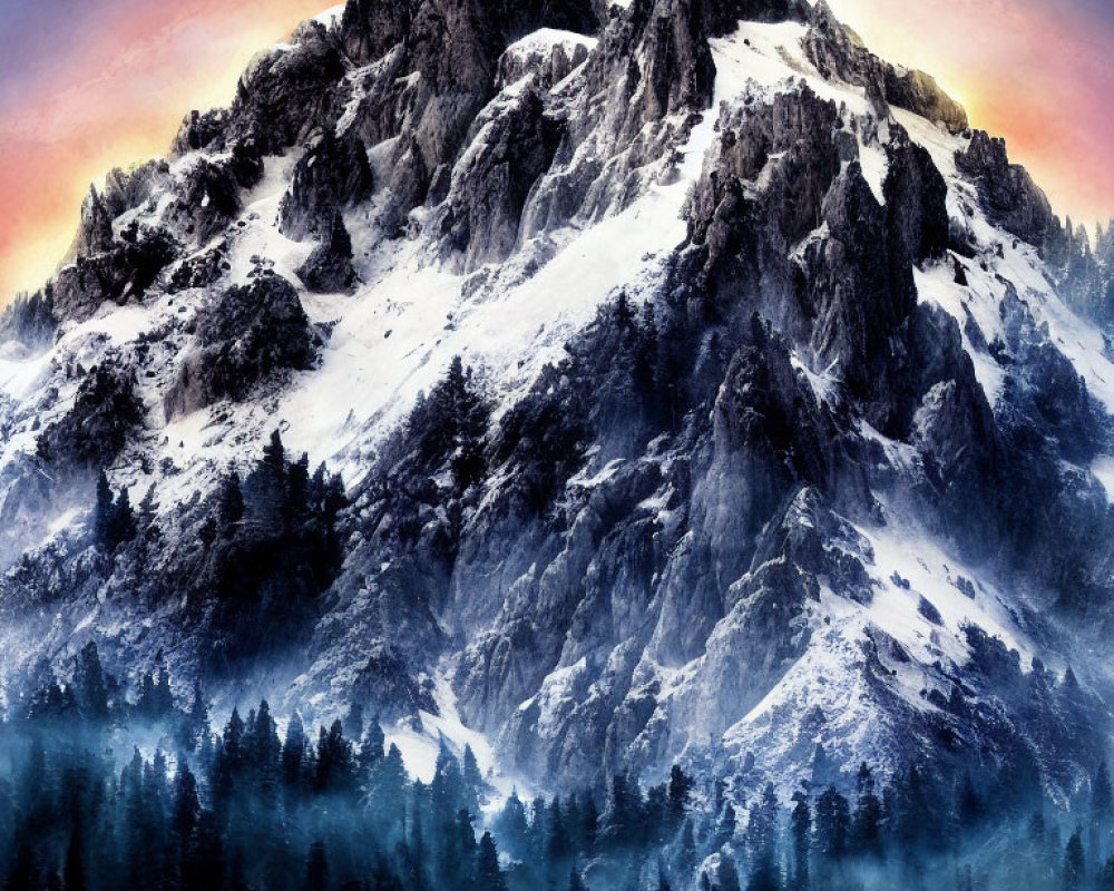 Snow-capped mountain with rugged peaks above dark pine forest under dramatic sky