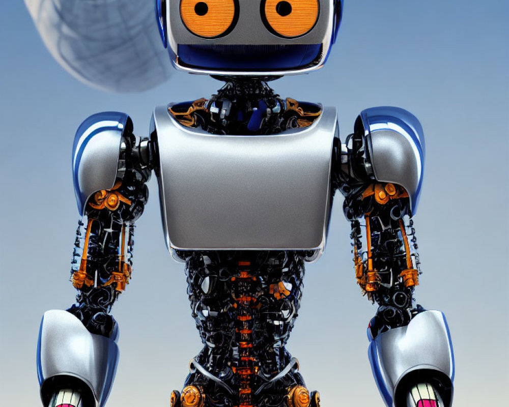 Detailed humanoid robot with silver torso, blue eyes, orange and black mechanical parts, under a blue sky