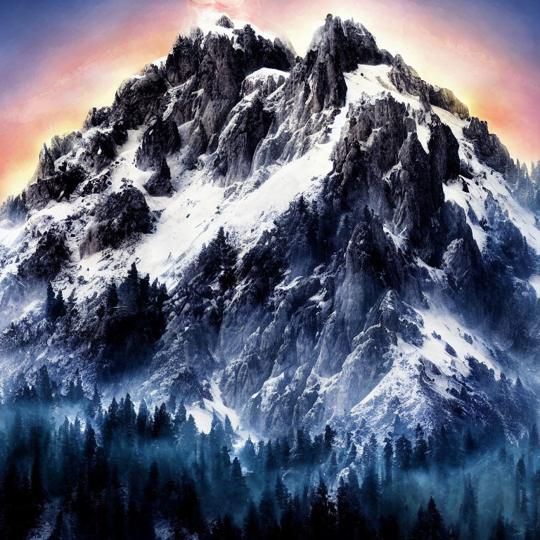 Snow-capped mountain with rugged peaks above dark pine forest under dramatic sky