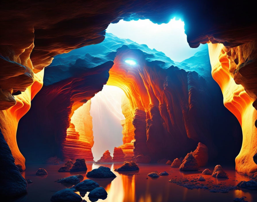 Colorful Cave with Sunlit Opening and Scattered Rocks on Water