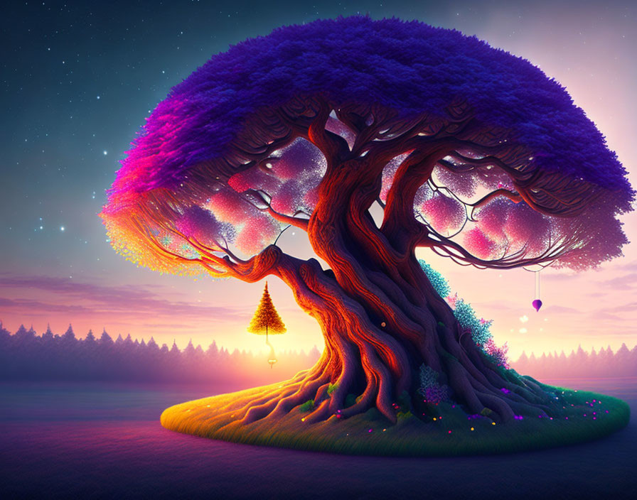 Vibrant digital artwork: Magical tree with luminous branches and floating island in twilight setting