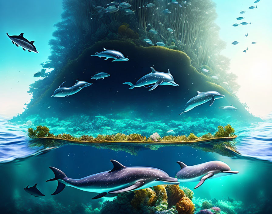 Dolphins swimming in vibrant underwater coral reef scene