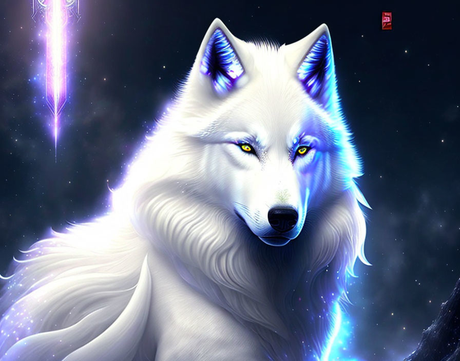 Majestic white wolf in cosmic scene with nebula & falling star