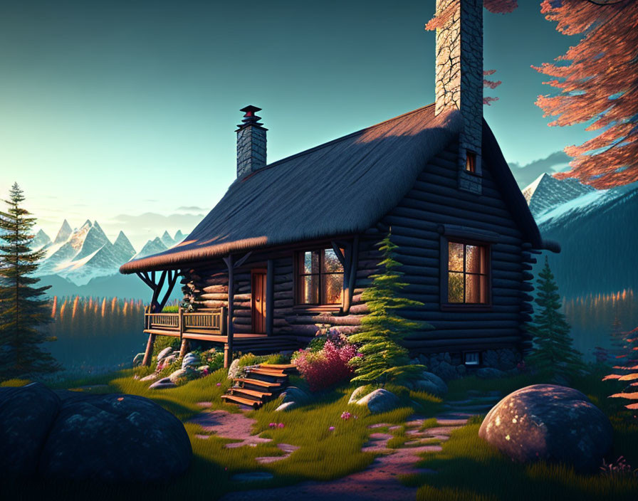 Rustic wooden cabin with chimney in pine forest at sunset