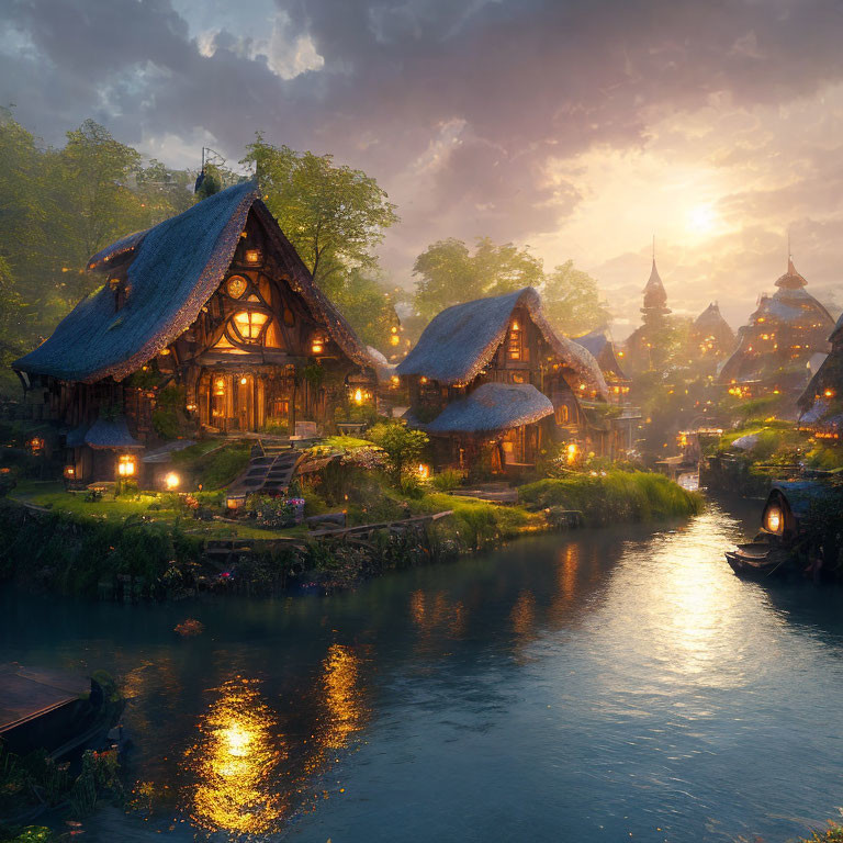 Mystical village at twilight with thatched-roof cottages by a tranquil river