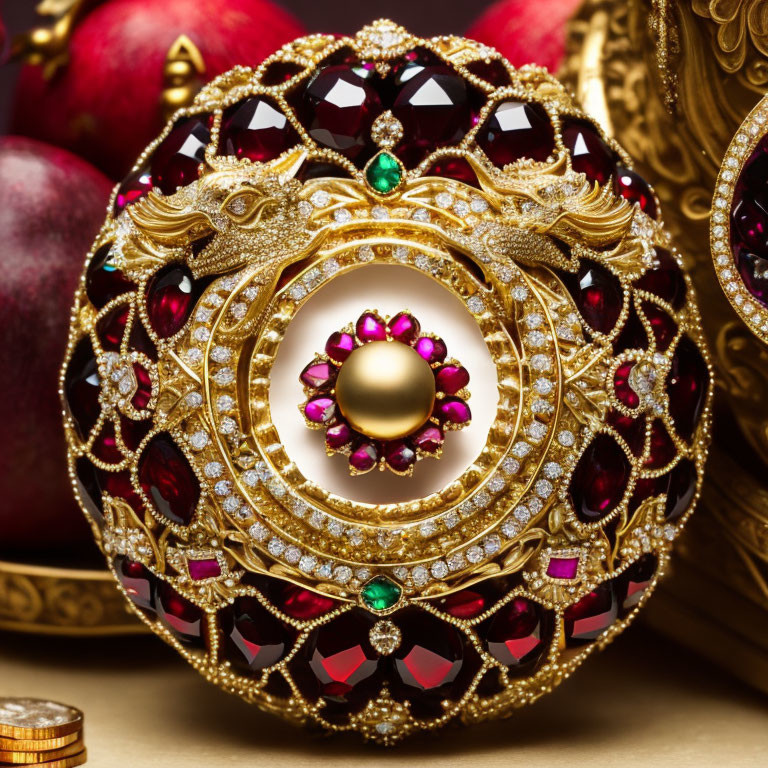 Golden Egg Adorned with Red Gemstones, Emeralds, and Diamonds on Red Apple Background