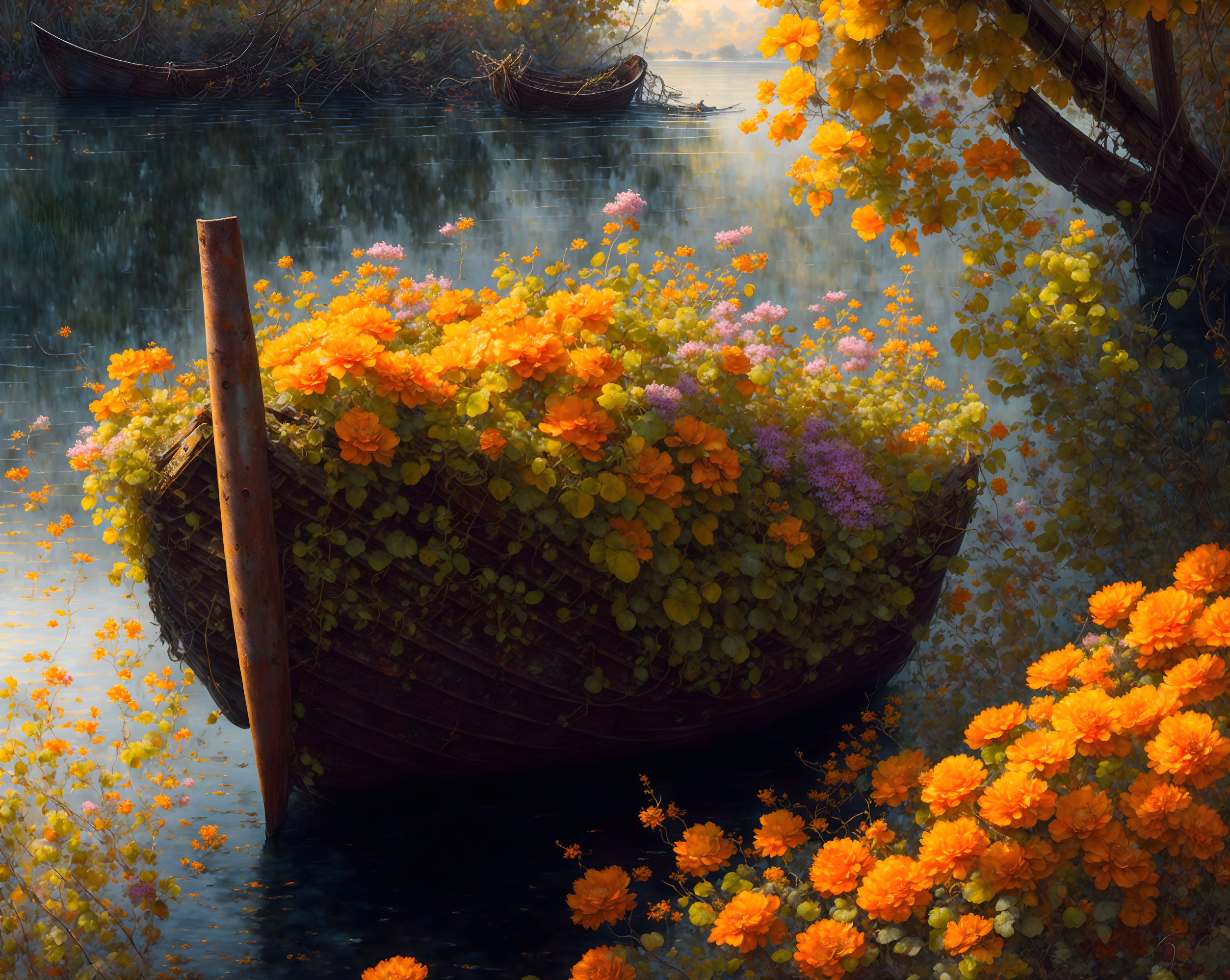 Colorful boat filled with flowers on serene river surrounded by autumn foliage