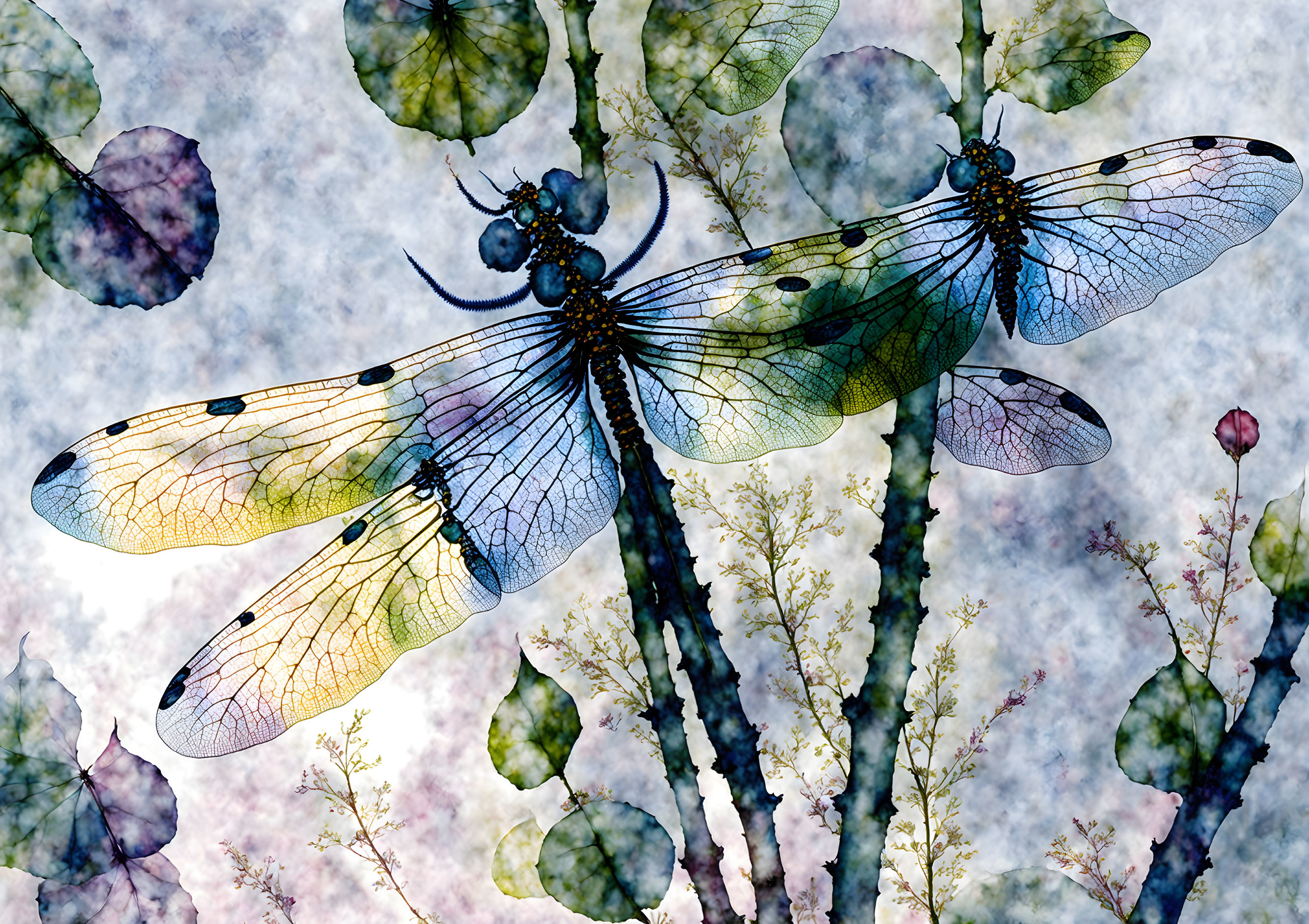 Vibrant dragonflies with transparent wings in soft-focus floral backdrop