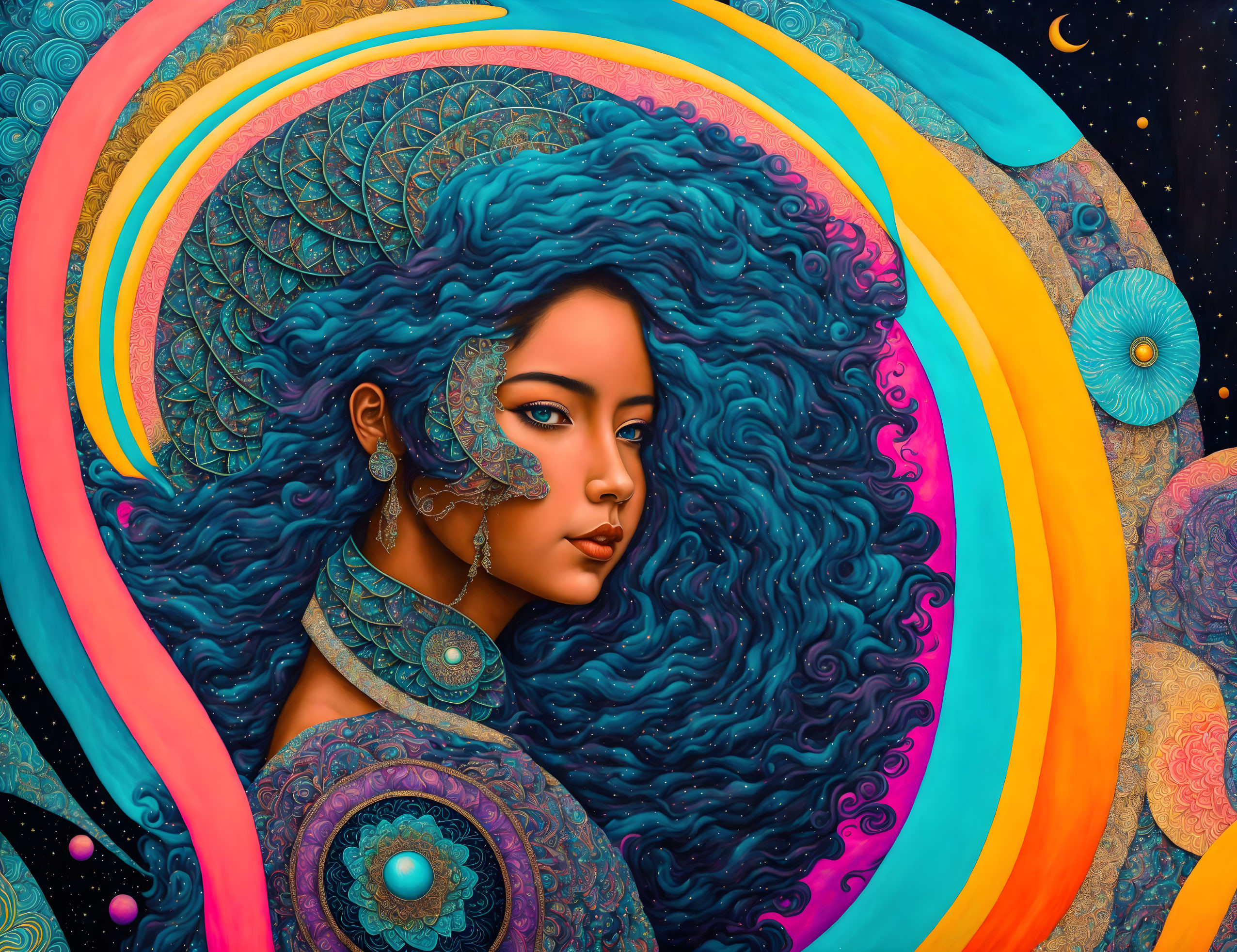 Colorful digital artwork: Woman with blue curly hair and intricate patterns on skin