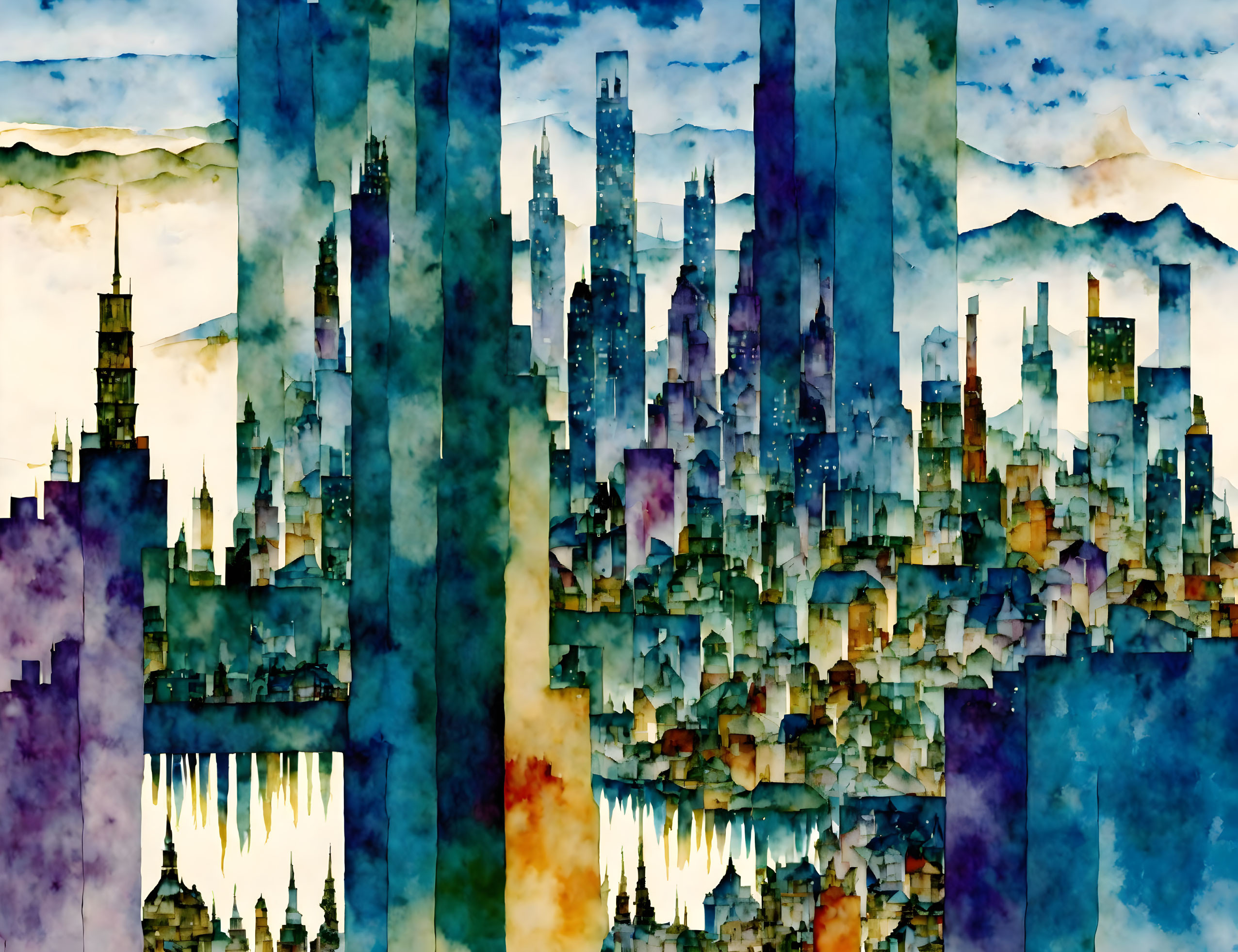 Cityscape Watercolor Painting in Blue Hues