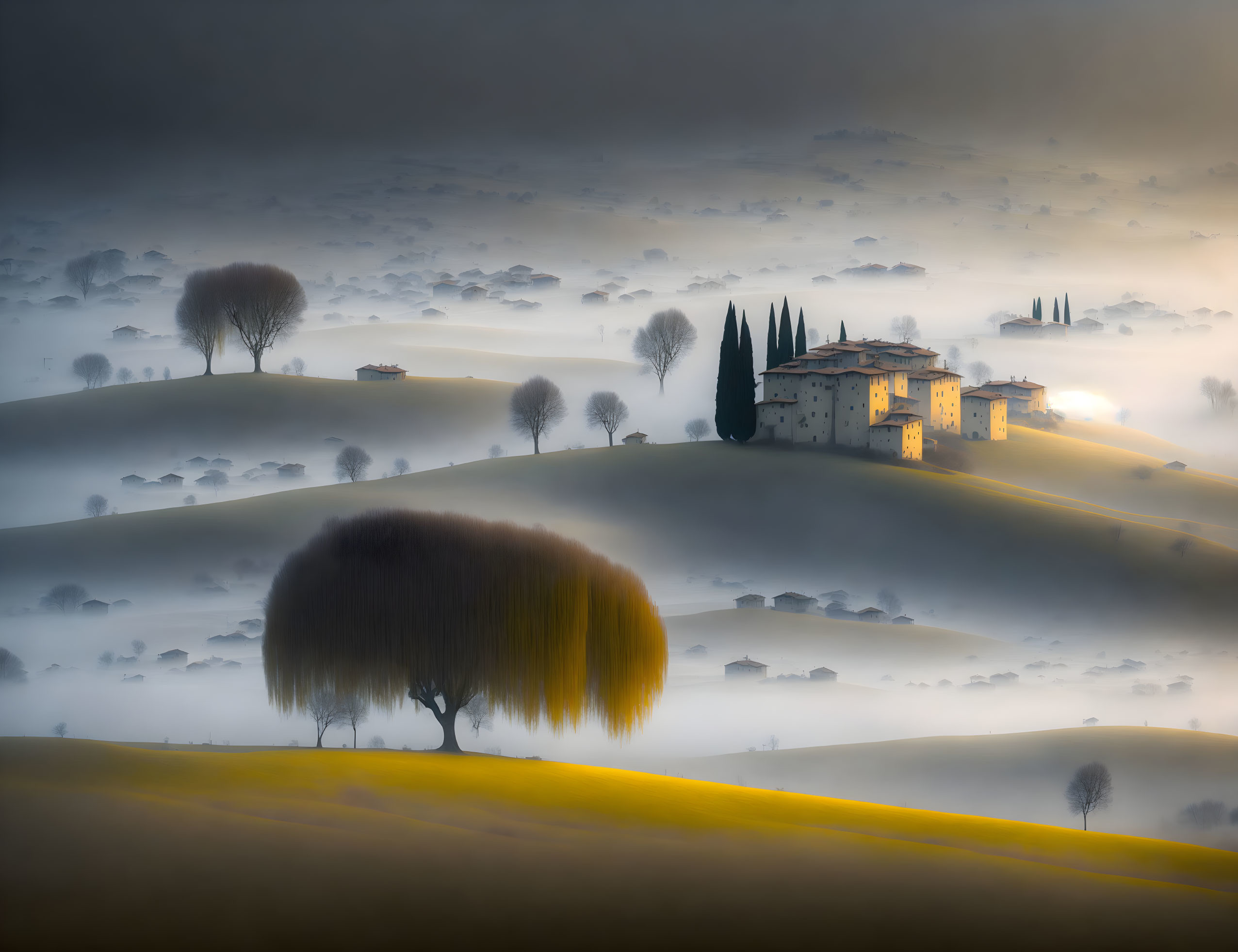 Sunrise Misty Landscape with Rolling Hills and Building Complex