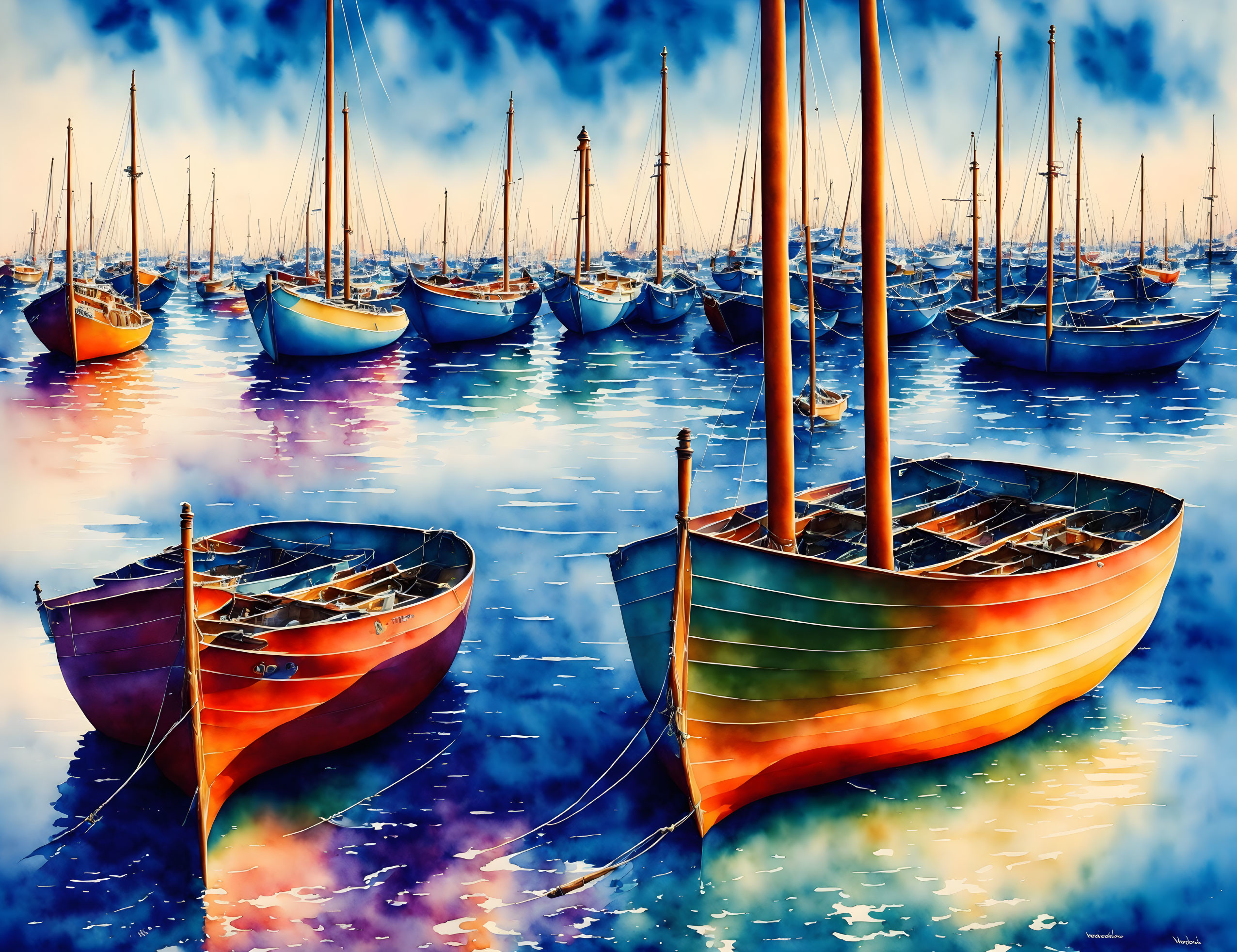 Vibrant boats on calm water at sunrise or sunset