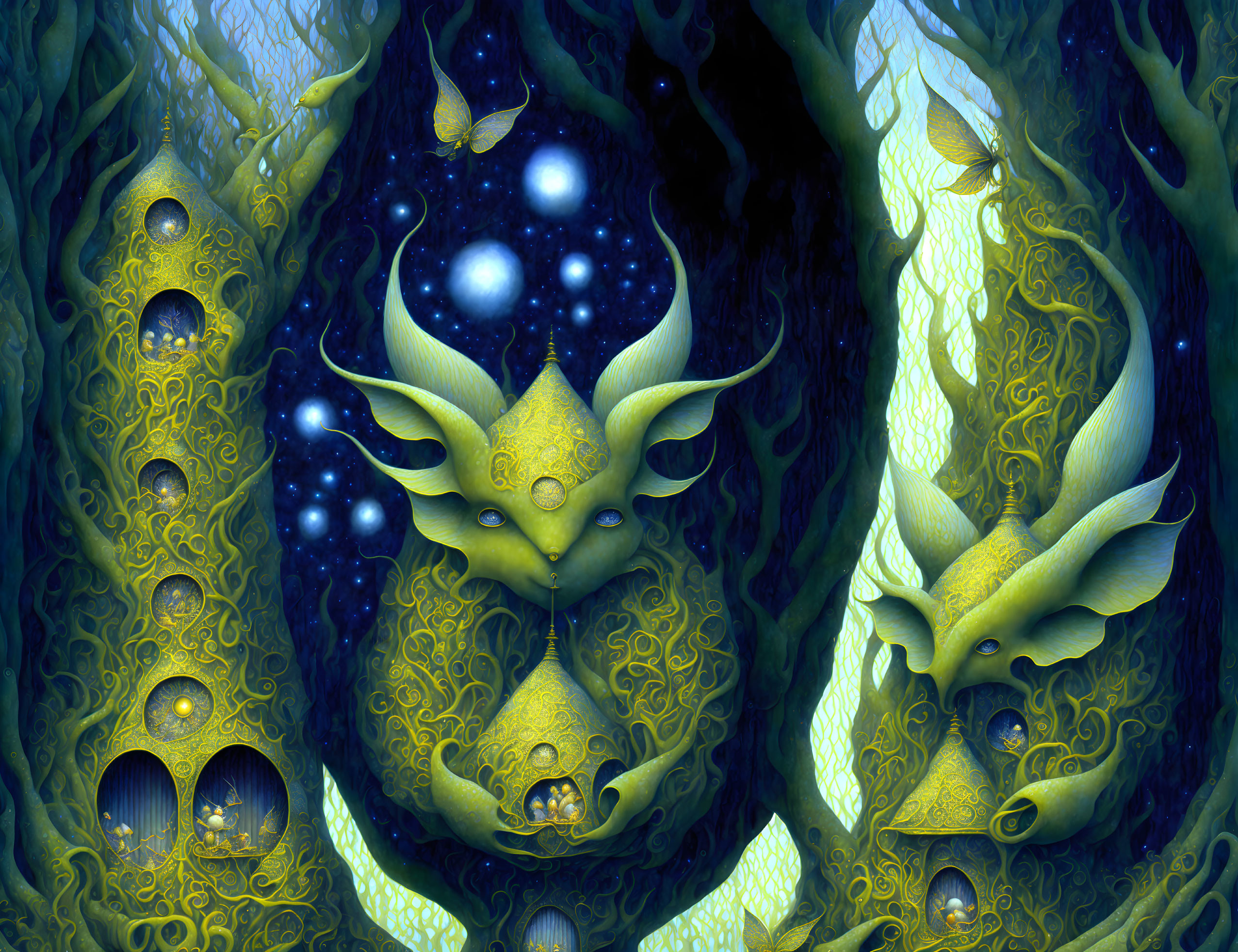 Enchanting Forest with Glowing Creatures and Celestial Ambiance