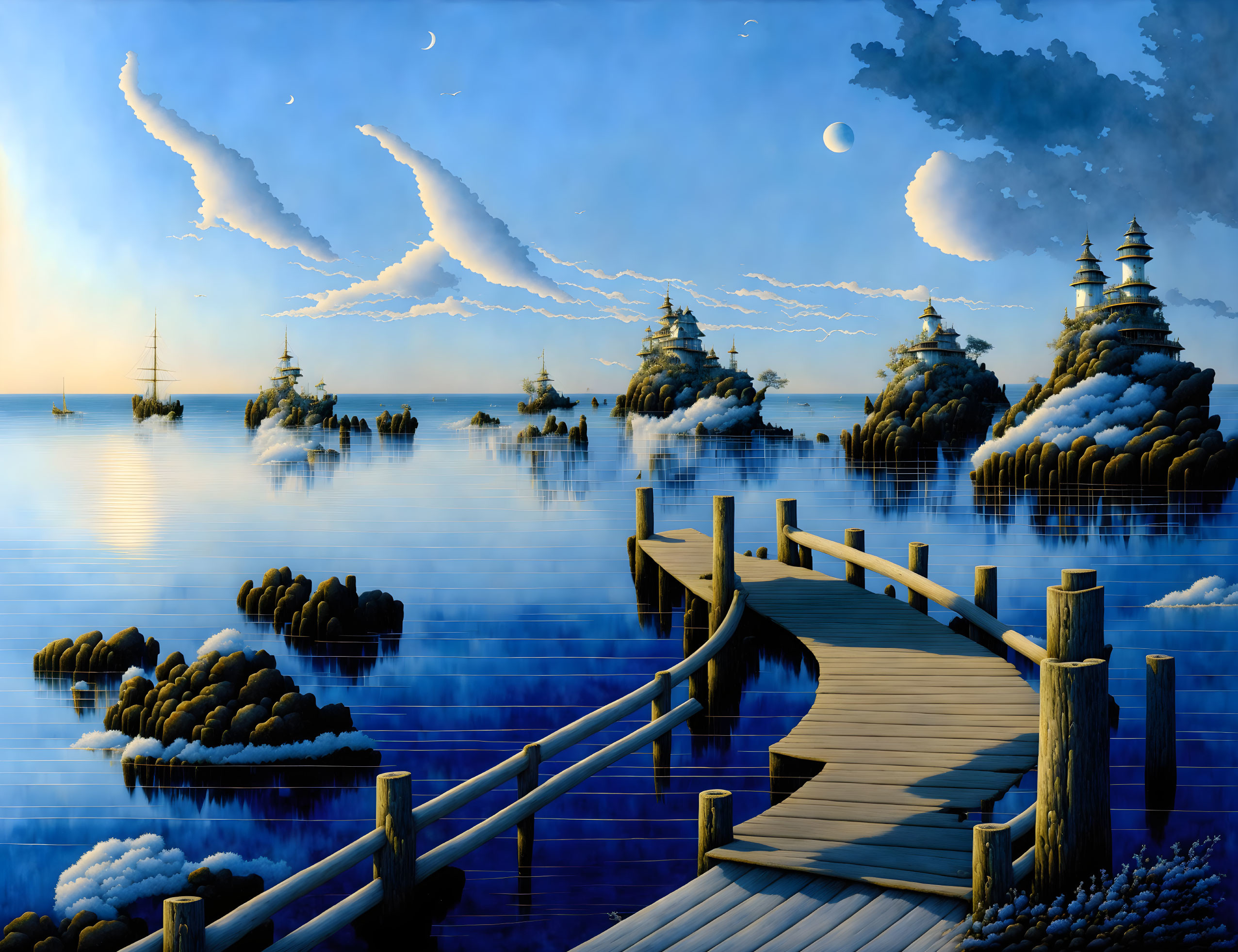 Fantastical seascape with wooden jetty, snowy islands, ships, moon, swirling clouds