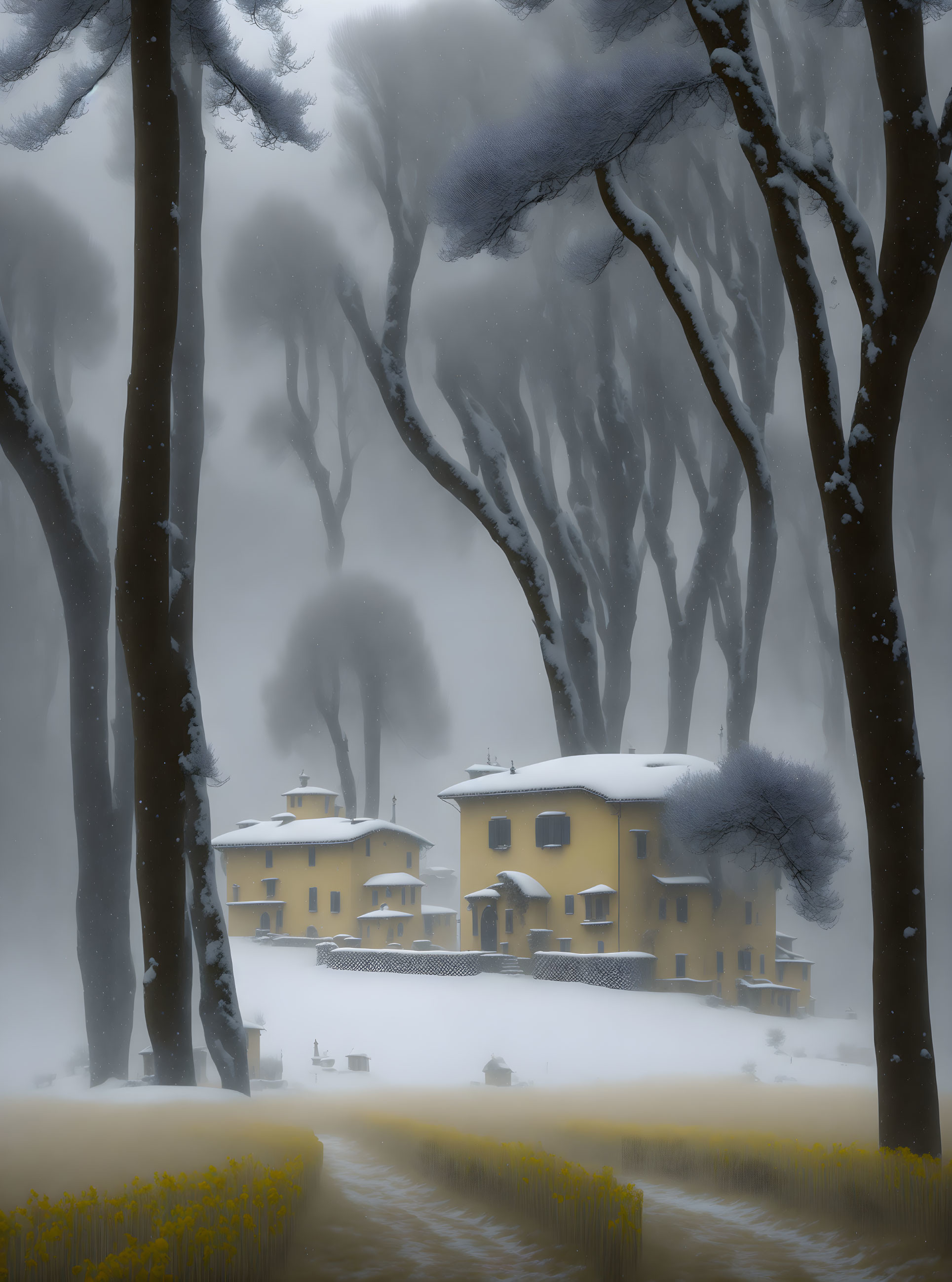 Snowy landscape with tall trees and yellow houses in snowfall