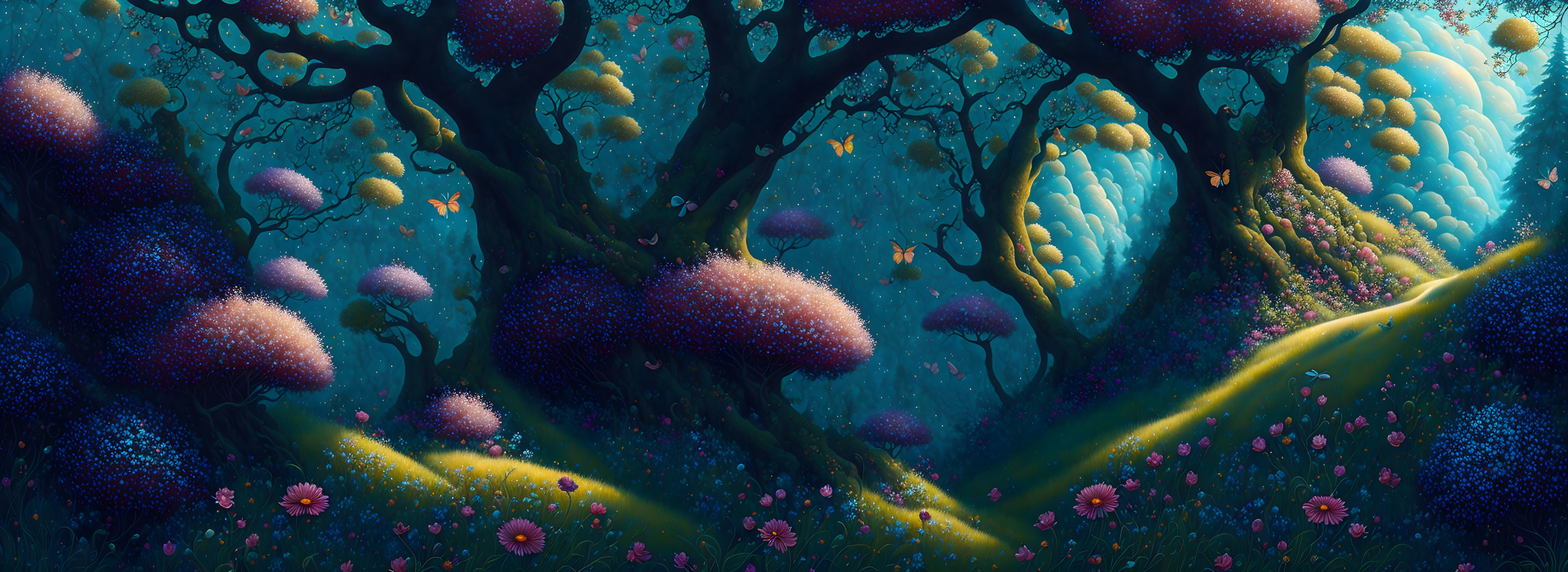 Vibrant oversized flora in a magical forest landscape