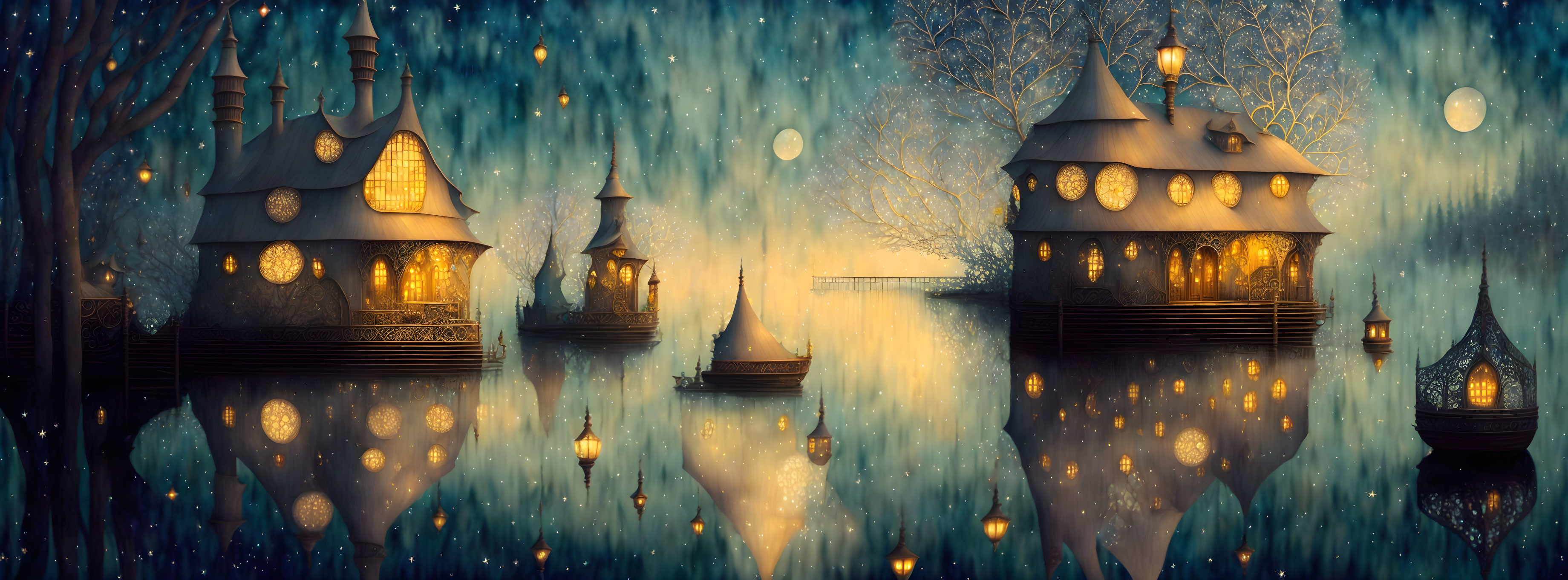 Whimsical illuminated houses on stilts in snowy night scene